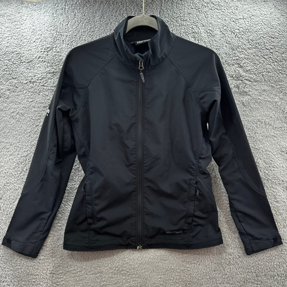 Marmot Womens Softshell Jacket Black Full Zip Mock Neck Marin Software Logo